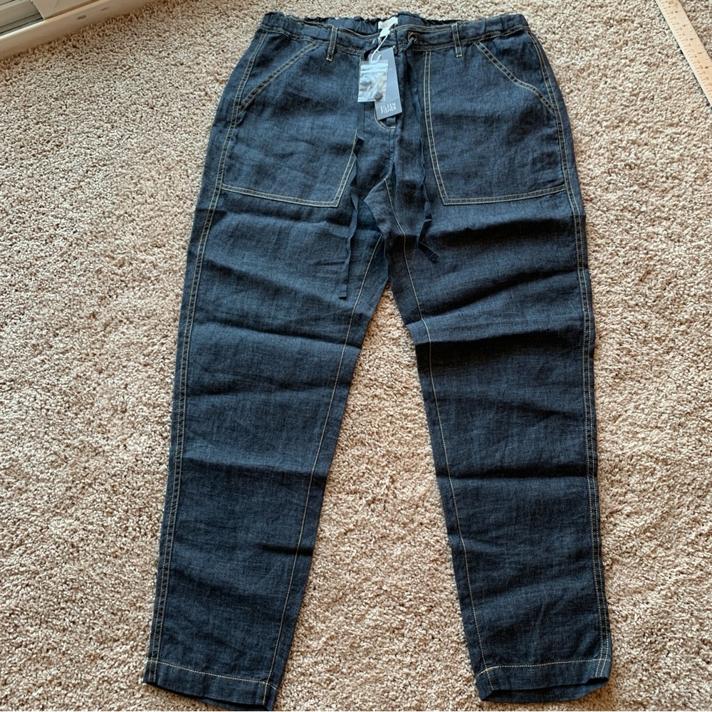 NWT Eileen Fisher 100% Linen Ankle Length Pants Small Denim Blue Elastic Waist
